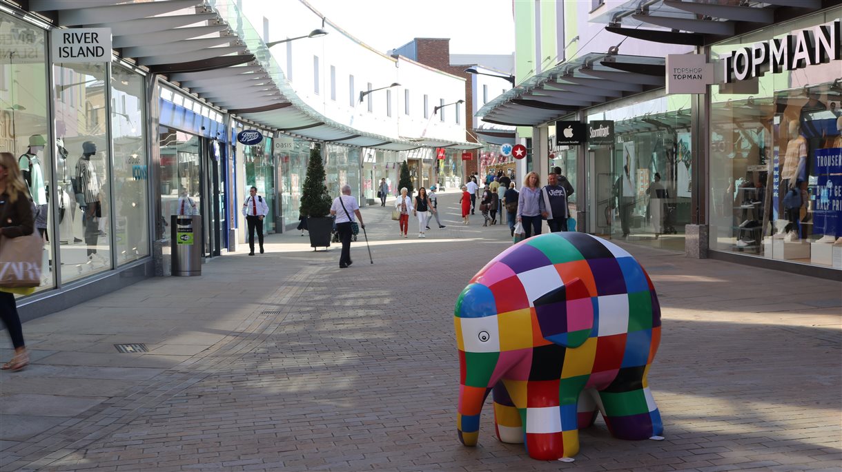 Elmer patchwork elephant statue in high street