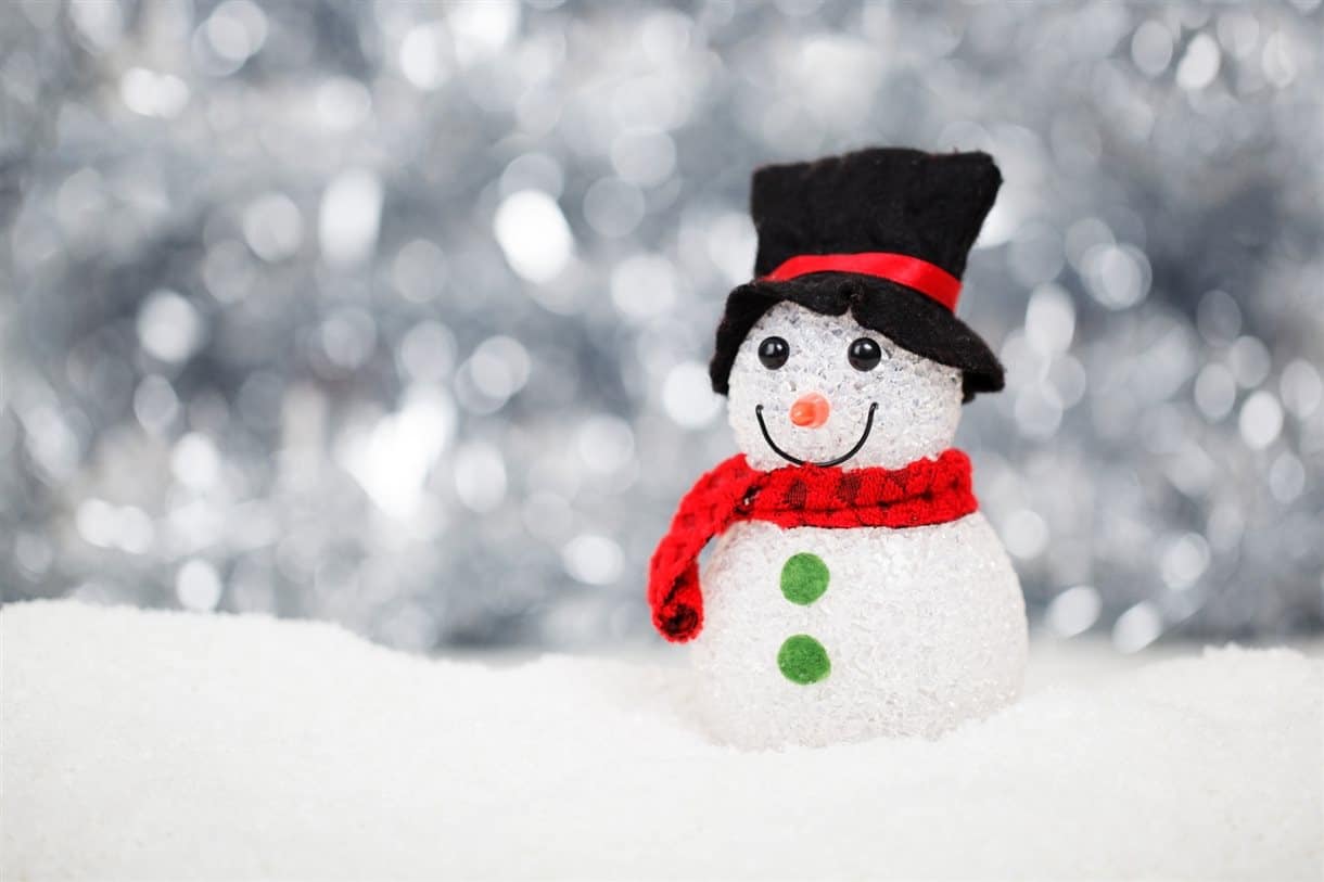 Glittery snowman sitting in snow