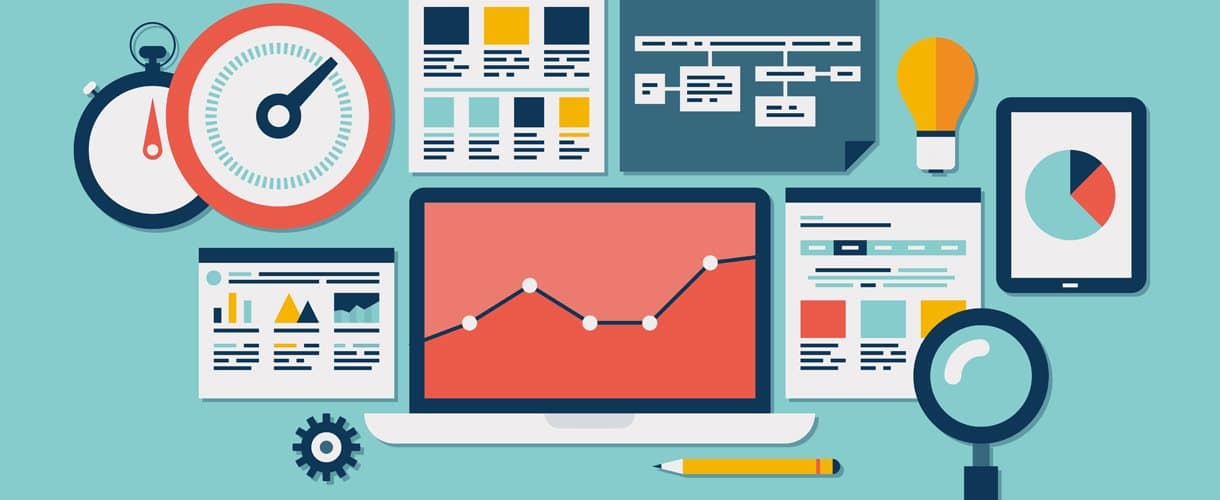 Array of cartoon dashboards and graphs