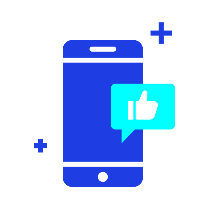 Dark blue phone graphic with light blue interaction symbols