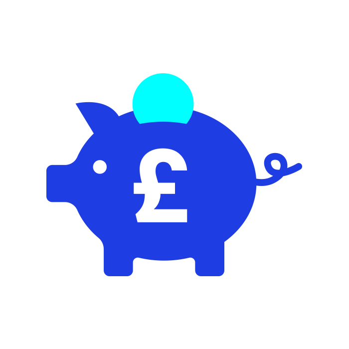 Blue piggy bank with white pound symbol