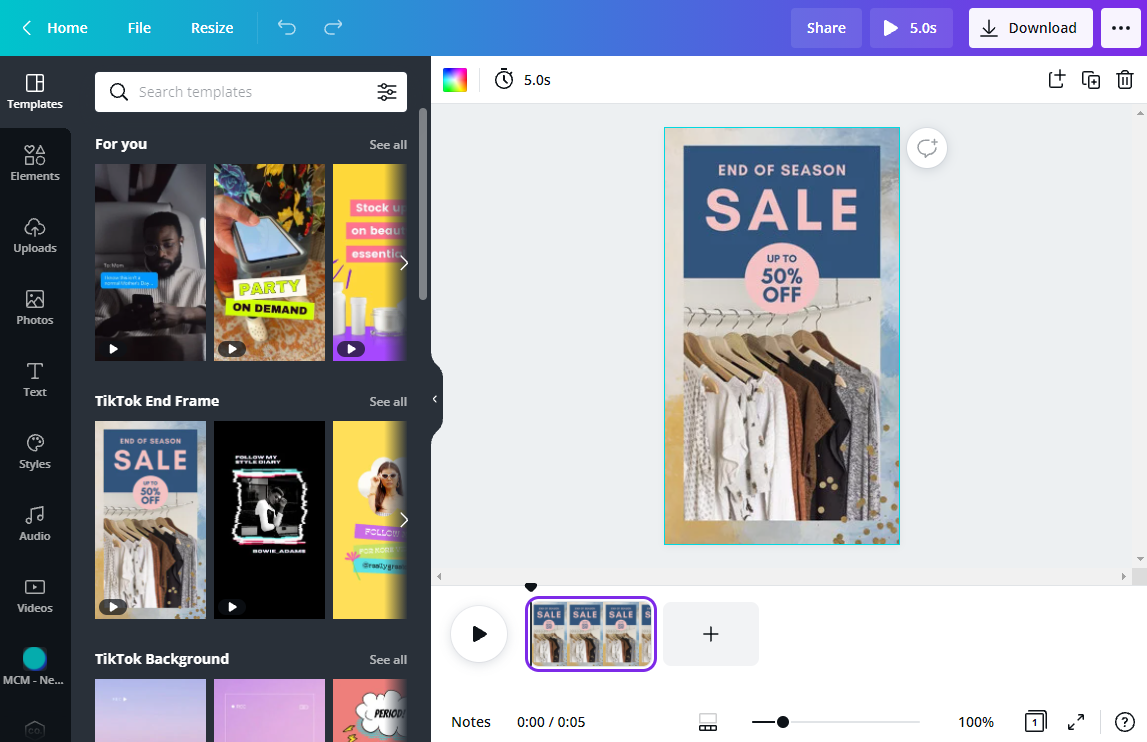 Screenshot of TikTok templates on Canva