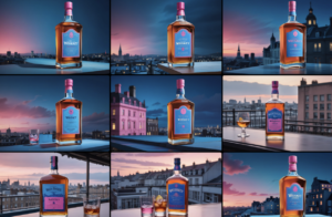 Nine AI-generated Whisky bottle ads with pink and blue labels on a table in a rooftop bar 