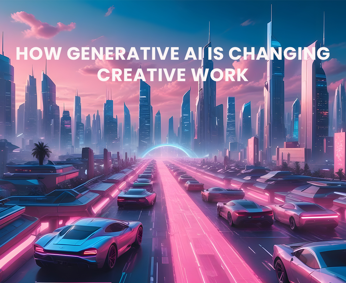 AI-generated Image of a futuristic city with pink and blue hues, sports cars, and skyscrapers