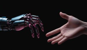 AI-generated image of a robot hand with pink and blue lights and a human hand reaching for each other on a black background