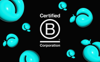 Bcorp logo on black background with cyan peaches